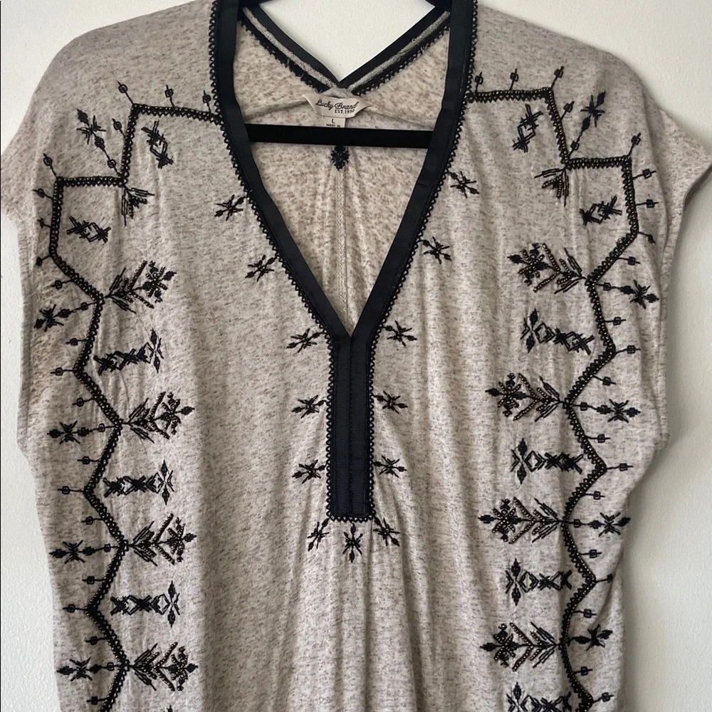 Lucky Brand|Boho Chic Embroidered tunic top w/ beading|oatmeal/black| Large| EUC - Picture 7 of 14